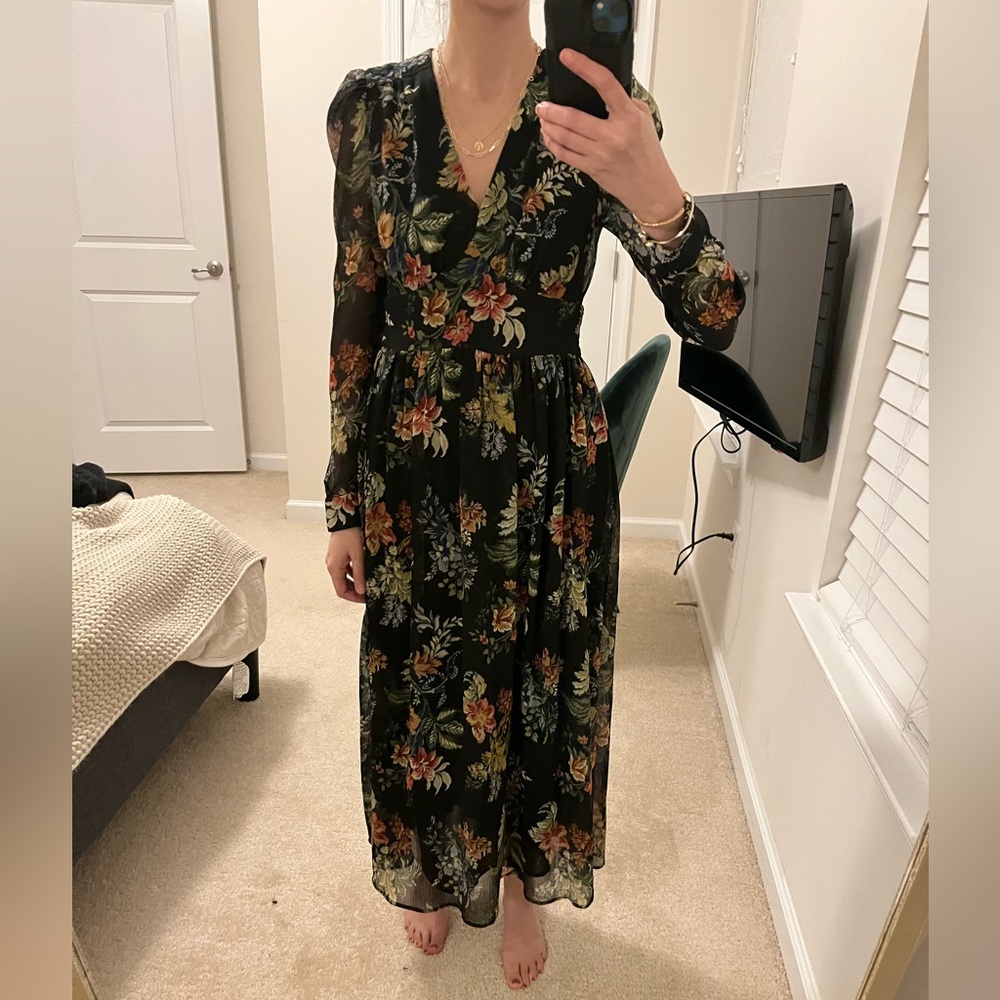 Black floral midi dress with semi sheer sleeves